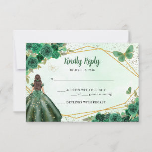 Tarjeta De Confirmación De Asistencia Princesa Floral de oro verde oscuro Quinceañera QR