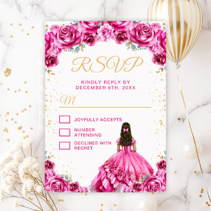 Tarjeta De Confirmación De Asistencia Princesa Floral Quinceañera Rosa Fucsia
