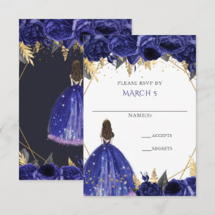 Tarjeta De Confirmación De Asistencia Princesa floral real de oro azul Quinceanera