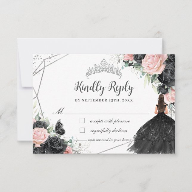 Tarjeta De Confirmación De Asistencia Princesa floral rosa negra Plata Quinceañera (Anverso)
