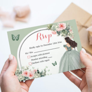 Tarjeta De Confirmación De Asistencia Princesa Floral Rosa Verde Boho Sage XV Años