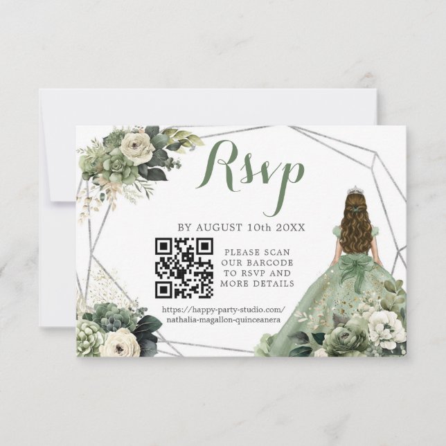 Tarjeta De Confirmación De Asistencia Princesa Geométrica Verde Sage XV Años QR (Anverso)