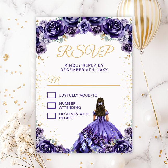 Tarjeta De Confirmación De Asistencia Princesa Morada Oscura Floral Quinceañera (Subido por el creador)