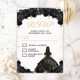 Tarjeta De Confirmación De Asistencia Princesa Negra Quinceañera Floral