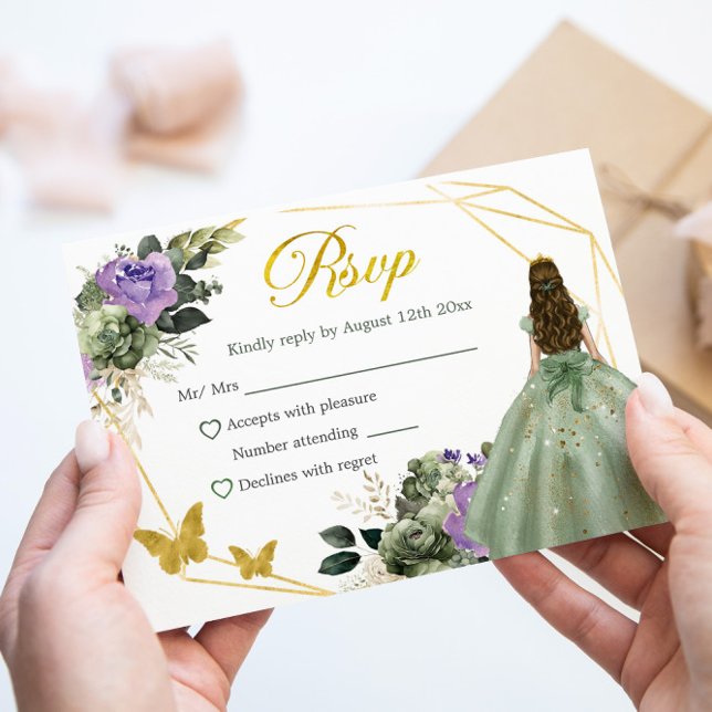 Tarjeta De Confirmación De Asistencia Princesa Púrpura Verde Sage Quinceañera (Subido por el creador)