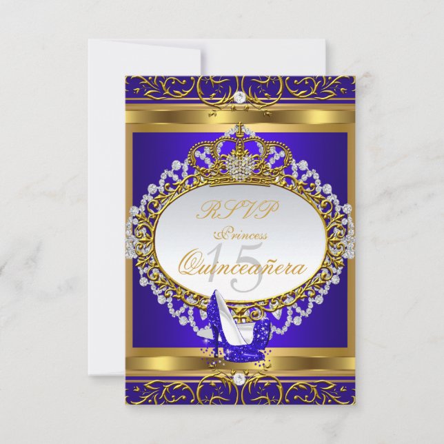 Tarjeta De Confirmación De Asistencia Princesa Quinceanera Elite Zapato Azul Real (Anverso)
