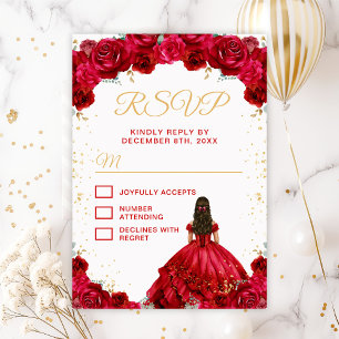 Tarjeta De Confirmación De Asistencia Princesa Roja Floral Quinceañera