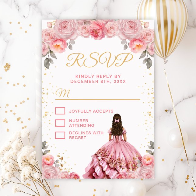 Tarjeta De Confirmación De Asistencia Princesa Rosa Rosa Floral Quinceañera (Subido por el creador)