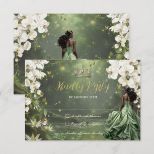 Tarjeta De Confirmación De Asistencia Princess & Rana Vestido Verde Dulces 16 Quinceañer