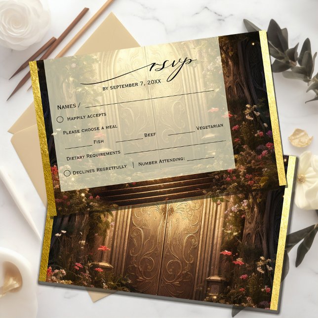 Tarjeta De Confirmación De Asistencia Puerta de jardín encantado (Enchanted Garden Gate RSVP Card #zazzlemade #rsvpcard #olddooringarden #romanticstyle #floralandgold)