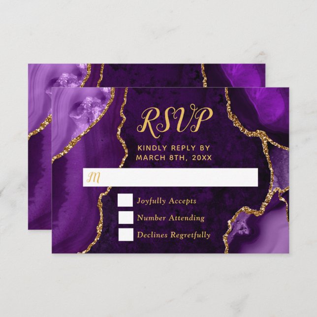 Tarjeta De Confirmación De Asistencia Purple and Gold Agate Marble (Anverso / Reverso)