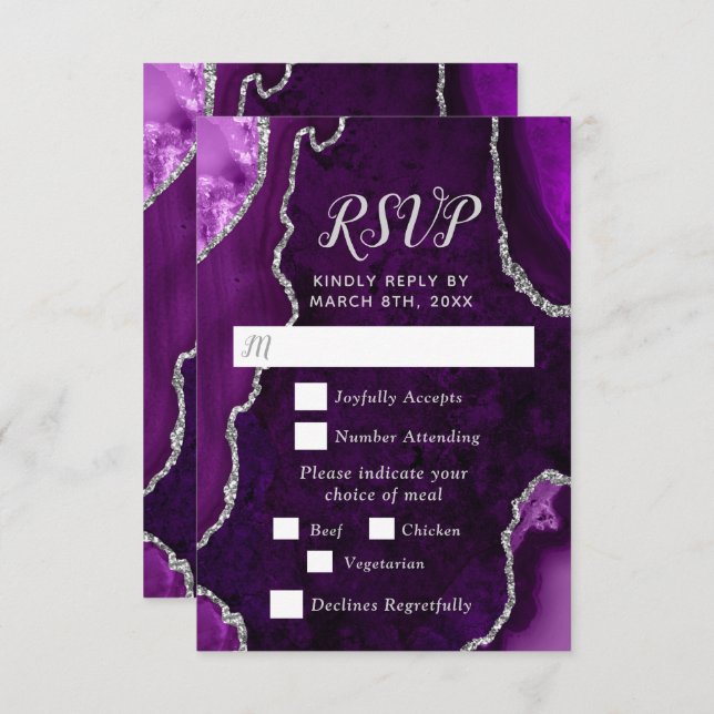 Tarjeta De Confirmación De Asistencia Purple and Silver Agate Wedding Meal Choice (Anverso / Reverso)