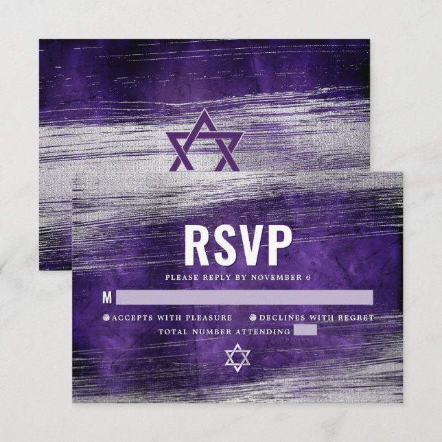 Tarjeta De Confirmación De Asistencia Purple Bar Mitzvah Relieve metalizado plateado mod (Anverso / Reverso)
