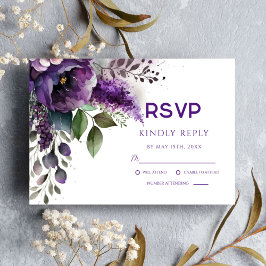 Tarjeta De Confirmación De Asistencia Purple Boho Elegant Floral Watercolor Boda