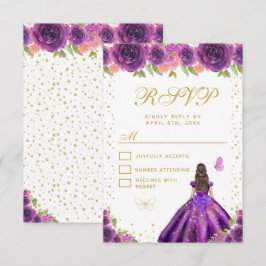 Tarjeta De Confirmación De Asistencia Purple Floral Brunette Hair Princess Sweet Sixteen