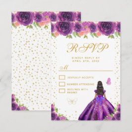 Tarjeta De Confirmación De Asistencia Purple Floral Dark Skin Princess Sweet Sixteen