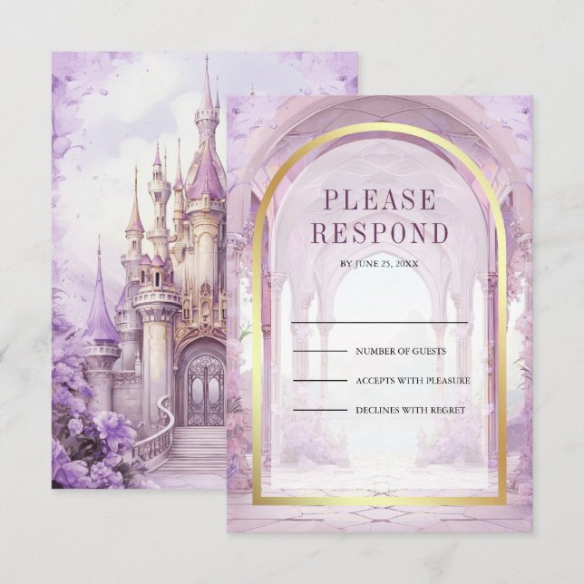 Tarjeta De Confirmación De Asistencia Purple Floral Fairytale Castle Wedding (Anverso / Reverso)