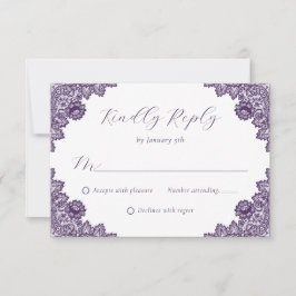 Tarjeta De Confirmación De Asistencia Purple Floral Lace Rustic Burlap Hearts Wedding