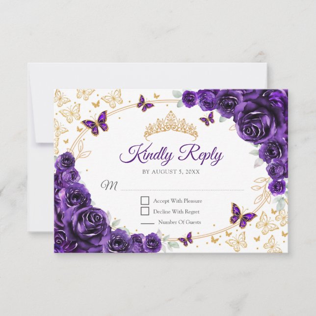 Tarjeta De Confirmación De Asistencia Purple Gold Floral Quinceanera Reply (Anverso)