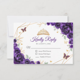 Tarjeta De Confirmación De Asistencia Purple Gold Floral Quinceanera Reply