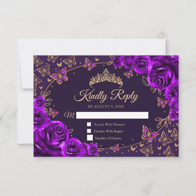 Tarjeta De Confirmación De Asistencia Purple Gold Quinceanera Reply (Anverso)