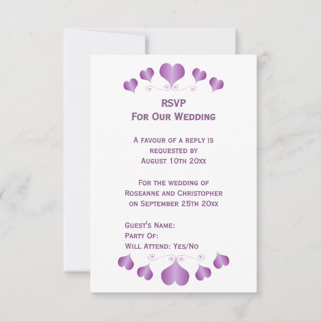 Tarjeta De Confirmación De Asistencia Purple Hearts Design Wedding (Anverso)