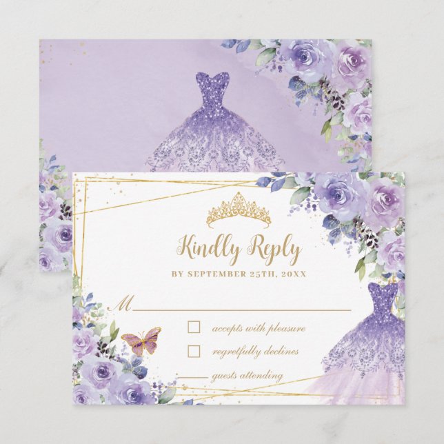 Tarjeta De Confirmación De Asistencia Purple Lilac Floral Gold Quinceañera Vestido (Anverso / Reverso)