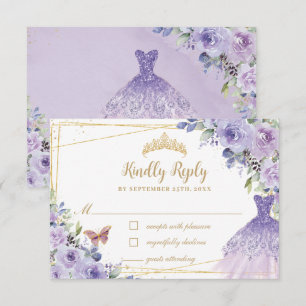 Tarjeta De Confirmación De Asistencia Purple Lilac Floral Gold Quinceañera Vestido