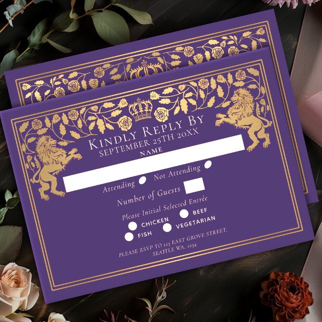 Tarjeta De Confirmación De Asistencia Purple Royal Medieval Lion Wedding (Subido por el creador)