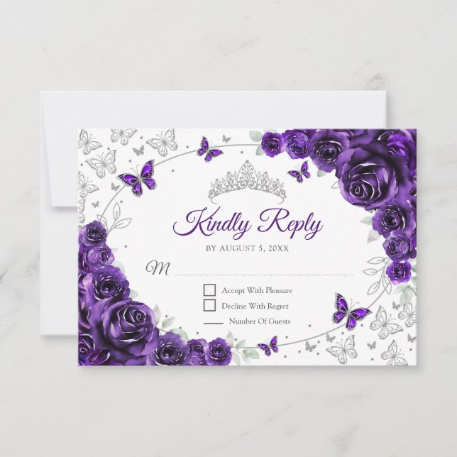 Tarjeta De Confirmación De Asistencia Purple Silver Floral Quinceanera Reply (Anverso)