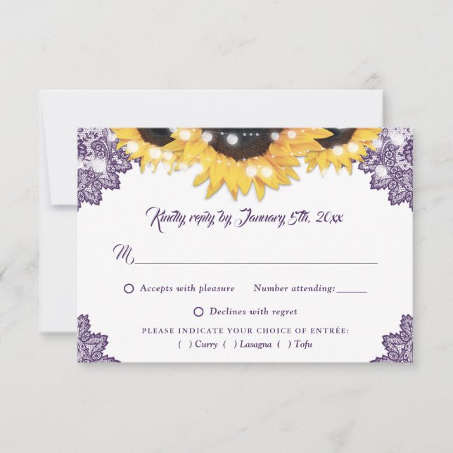 Tarjeta De Confirmación De Asistencia Purple Sunflower Lace Wedding Meal Choice (Anverso)
