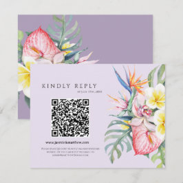 Tarjeta De Confirmación De Asistencia Purple Tropical Floral Hawaii QR Code Wedding