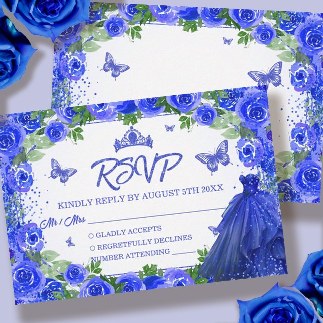 Tarjeta De Confirmación De Asistencia Purpurina azul real Floral Quinceanera (Blue Glitter Floral Quinceanera RSVP Card)