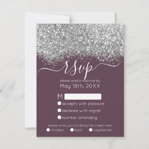 Tarjeta De Confirmación De Asistencia Purpurina Confetti Boda de lujo plateado púrpura