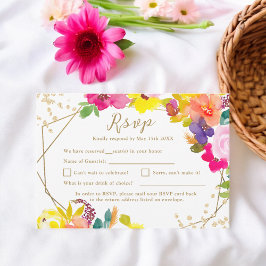 Tarjeta De Confirmación De Asistencia Purpurina de oro boho boda floral audaz