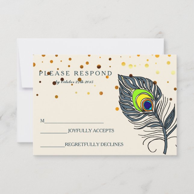 Tarjeta De Confirmación De Asistencia Purpurina de oro Confetti Peacock Feather Blue RSV