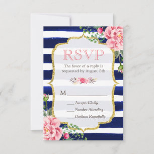 Tarjeta De Confirmación De Asistencia Purpurina de oro floral rosa Navy rayas azules RSV