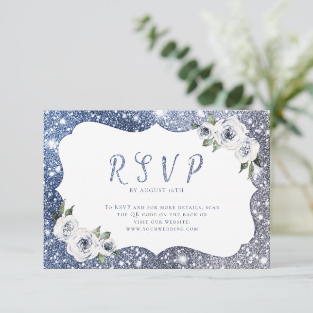 Tarjeta De Confirmación De Asistencia Purpurina de plata azul espumoso boda floral códig (Anverso de pie)