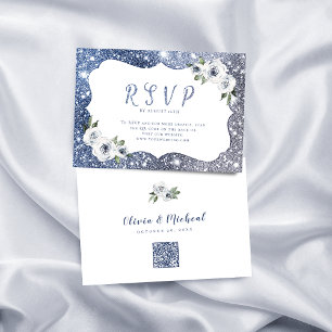 Tarjeta De Confirmación De Asistencia Purpurina de plata azul espumoso boda floral códig