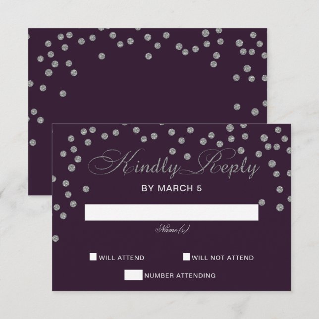 Tarjeta De Confirmación De Asistencia Purpurina de Plata Púrpura Confetti Elegante Boda (Anverso / Reverso)