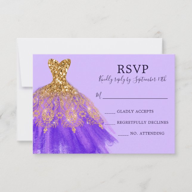 Tarjeta De Confirmación De Asistencia Purpurina Glam Purple Gold Sparkle Vestido Guiso (Anverso)