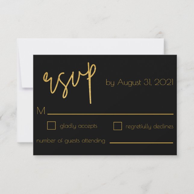 Tarjeta De Confirmación De Asistencia Purpurina negro y oro Boda Art Deco (Anverso)