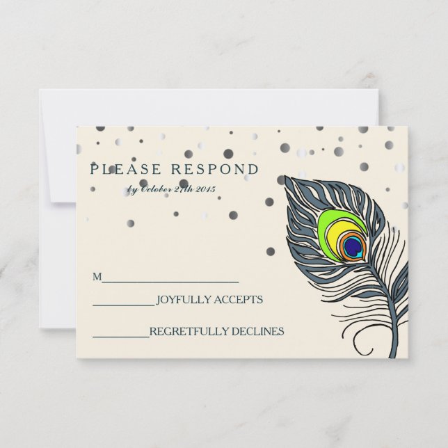 Tarjeta De Confirmación De Asistencia Purpurina Plateado Confetti Peacock Feather Blue R (Anverso)