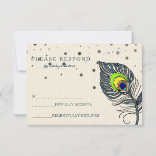 Tarjeta De Confirmación De Asistencia Purpurina Plateado Confetti Peacock Feather Blue R