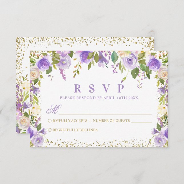 Tarjeta De Confirmación De Asistencia Purpurina Purple Floral Sparkle Gold (Anverso / Reverso)