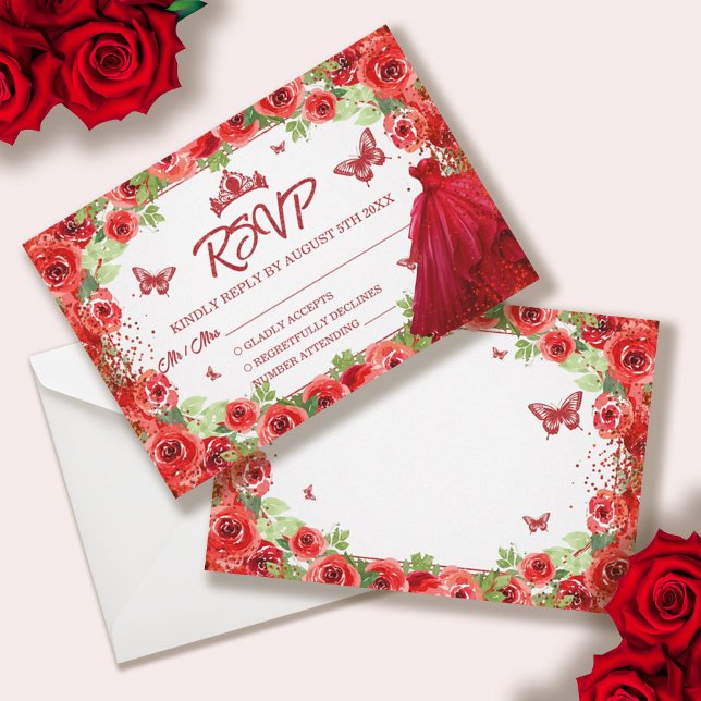 Tarjeta De Confirmación De Asistencia Purpurina Rojo Floral Quinceanera (Red Glitter Floral Quinceanera RSVP Card)