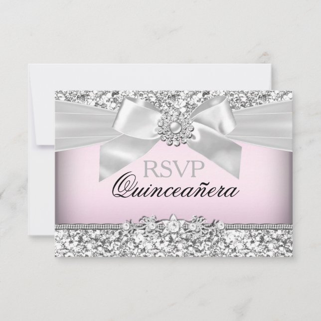 Tarjeta De Confirmación De Asistencia Purpurina rosado plateado y Jewel Bow Quinceanera  (Anverso)