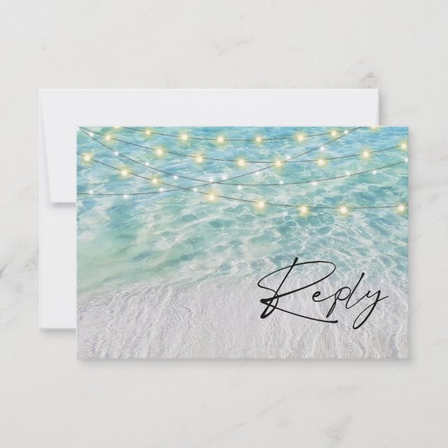 Tarjeta De Confirmación De Asistencia QR Code Elegant Seaside String Lights Beach (Anverso)