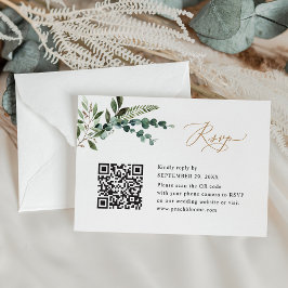 Tarjeta De Confirmación De Asistencia QR Code Modern Boho Greenery Gold Boda
