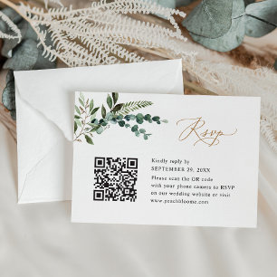 Tarjeta De Confirmación De Asistencia QR Code Modern Boho Greenery Gold Boda
